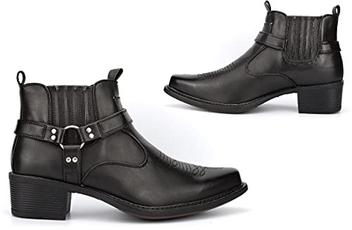 Mens Black Cowboy Ankle Boots - Western Pull On Boots - 12 UK