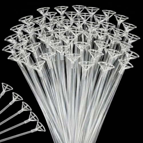 Charniol 25 Pieces Balloon Sticks with Cups, 16 Inch Long Clear Balloon Holder Transparent Balloons Sticks for Birthday Party Wedding Anniversary Indoor Outdoor