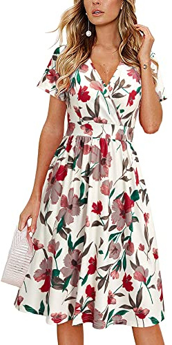 VOTEPRETTY Femme Robe d'été Florale à Manches Courtes et Col V, Robe Portefeuille Mi-Longues avec Poches et Plissé, Taille Unique L, Coloris Floral28