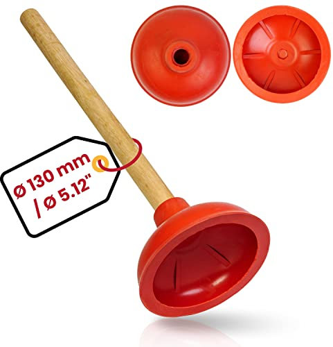 Universal Pömpel, Ø 130 mm Durchmesser Saugglocke für Spüle, Waschbecken, Toilette, Urinal, Dusche, Badewanne, Über - und Unterdruck Abflussreiniger mit 36 cm Holzstiel, Verstopfungslöser Bad Küche