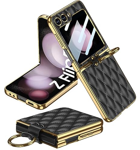Miimall för Samsung Galaxy Z Flip 5 fodral, [inbyggt skärmskydd] [ringhållare] Z Flip 5 läderfodral med ring, stötsäker halkfri kvinnor heltäckande skyddande fodral för Z Flip 5-svart