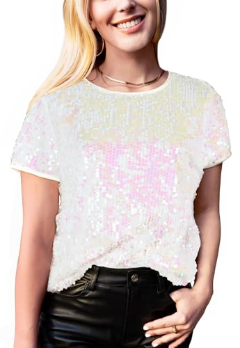 Anna-Kaci Women's Sparkly Sequin Top Short Sleeve Glitter Concert Party Disco Shirt Blouse, White and Pink, X-Large