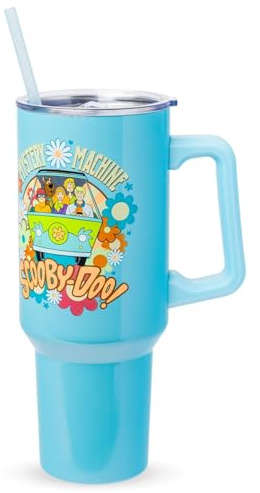 Silver Buffalo Scooby Doo Mystery Machine Featuring Shaggy, Velma, Fred and Daphne Stainless Steel Tumbler with Handle and Straw, Fits in Standard Cup Holder, 40 Ounces