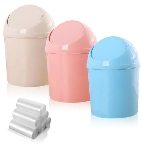 SHAIDOJIO 3Pcs Small Trash Can with Swing Lid, Mini Desktop Garbage Cans, Plastic Trash Bin with 180 Garbage Bags, Decorative Tiny Wastebasket for Bedroom, Office, Kitchen, Bathroom (3 Colors)