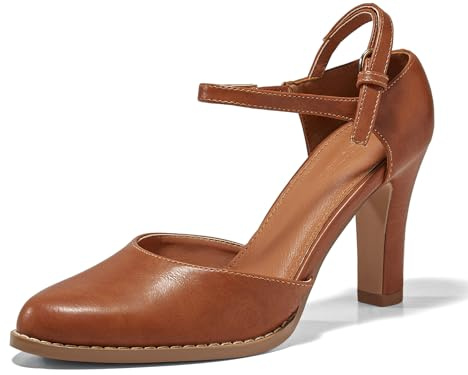 Coutgo Womens Chunky High Heels Closed Pointed Toe Ankle Strap Pumps Vintage D'Orsay Dress Party Shoes, Brown, Size 7