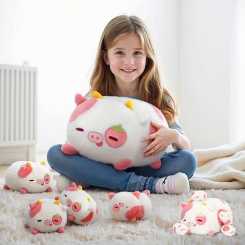 Mewaii kudde plyschleksak fyllda djur Kawaii jordgubbe ko djur leksak plyschleksak kudde present till barn (en 40 cm + fyra 10 cm)