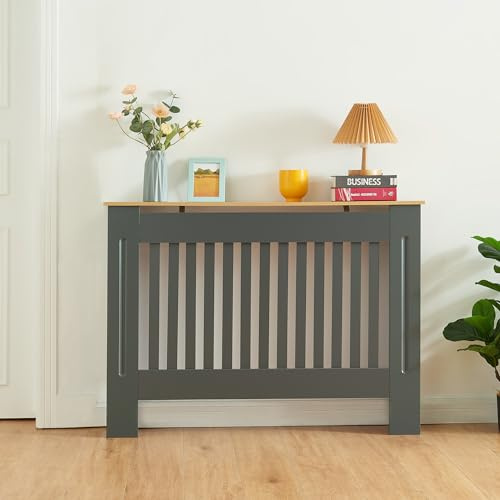 Panana Classic Radiator Cover, Wood Grill Design MDF Cabinet, Grey with Wood Top (M-112cm Width)