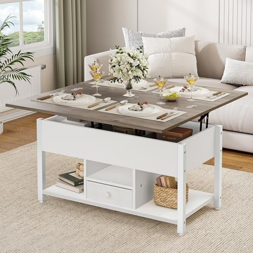 YITAHOME Couchtisch mit Anhebbarer Platte und Schubladen, 4-in-1-Multifunktions-Couchtisch mit Stauraum, Couchtisch lässt Sich in einen Esstisch für das Wohnzimmer umwandeln, Weiß&Grau