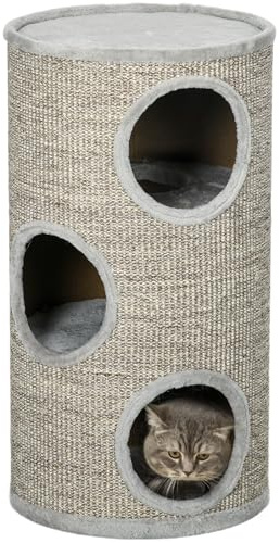 PawHut Barril Rascador para Gatos de 3 Niveles Torre Rascador para Gatos con 3 Entradas y Cubierta de Sisal Ø38x70 cm Gris Claro