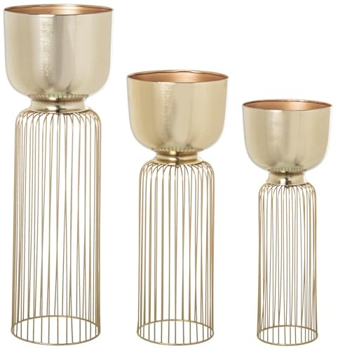 Set de 3 maceteros con pie de Metal Dorado 28x28x84cm, 26x26x58cm y 23x23x62cm