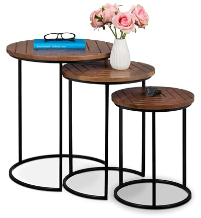 Relaxdays Satztisch 3er Set, Mangoholz, runder Beistelltisch, braun/schwarz
