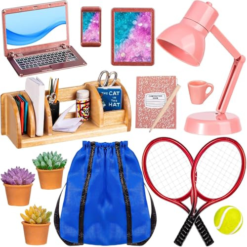 LZMDISU Mini School Supplies, Doll School Supplies Includes Mini Doll Tennis Racket, Laptop, Bookshelf, Tablet, Desk lamp for Dolls Accessories Set