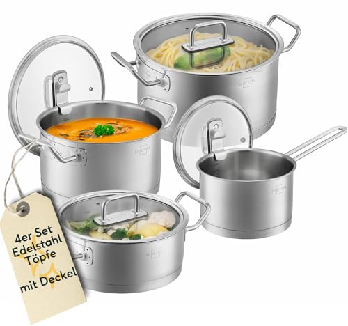 SILBERTHAL Topfset Induktion - 4-teilig - Edelstahl Kochtopf Set mit Glasdeckel - Unbeschichtet - Für alle Herdarten - Ofenfest