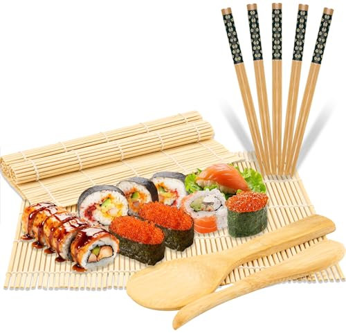 sebudion 10 Stück Sushi Set, wiederverwendbares Sushi Maker Set，enthält 3 Bambusmatte Roller, 5 Paar Essstäbchen, Messer und Reislöffel, für Anfänger und Profis