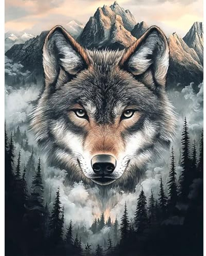 GLIDIAM 40x50cm Diamond Painting Wolf Wald Berg, Diamant Malerei Bilder Tiere Wolf, DIY Full Drill Basteln Erwachsene, Mosaik Stickerei Kreuzstich Geschenk für Wanddeko Wohnzimmer Schlafzimmer