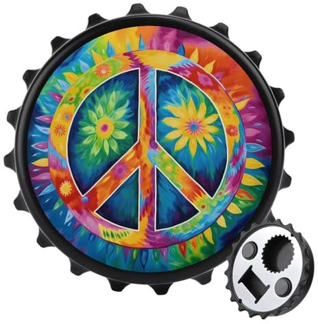 Abrebotellas magnético 2 en 1 con diseño de signo de la paz de teñido anudado, imanes para nevera, abrebotellas de cerveza y refrescos, bonita decoración para cocina y refrigerador