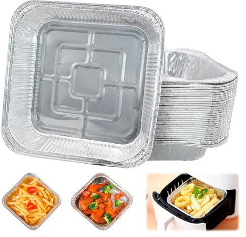 YHSKJCD Air Fryer Aluminum Foil Trays, 8 Inch Square, 30 Pack | Foil Liners, For Baking, For Cooking, For Roasting, For Storing