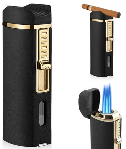 GOEDCH Dreifach Jet Flamme Sturmfeuerzeug: Metall-Zigarrenfeuerzeug mit Winddichter Stanzhalter, Nachfüllbar Butan Gas, Premium Feuerzeug für Outdoor/Grillen/Camping (84 x 23 x 30mm)