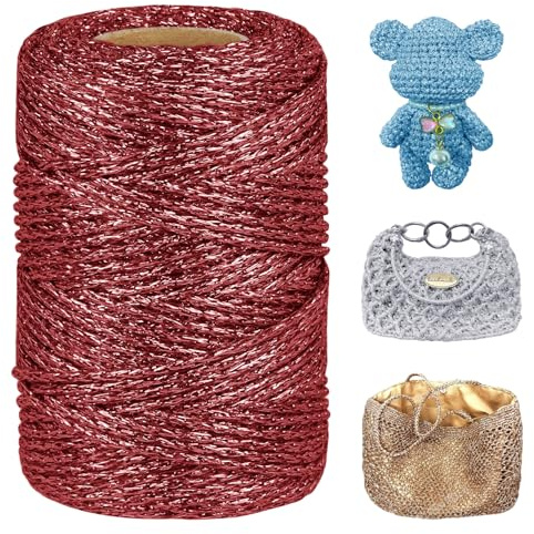 LEREATI Metallic Glitter Yarn 3mm x 109 Yards Polyester Macrame Cord Sparkle Crochet Yarn for Crocheting and Knitting Handbag, Hat, Basket, DIY Crafts (Red)