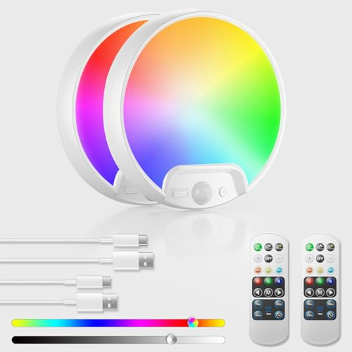 Homelist Plafón LED RGB con sensor de movimiento, 8000mAh, 2 unidad | Lámpara de techo RGB recargable y sin cables, con mando a distancia para baños, porches, escaleras y garajes