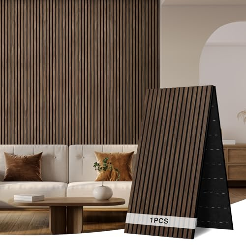 AKK-ART Acoustic Wall Panels 2400x600mm-1.44m² Foldable Acoustic Slat Wood Wall Panels,Decorative & Sound Absorbing Wood Panelling for Home Living Room Bedroom Dark Walnut#11