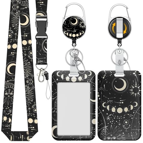 Uniclife Portatarjetas Deslizante Moda, Porta Credenciales Plástico Luna Planetas Carrete Retráctil, Mosquetón y Cordón Desmontable, Protector Tarjetas Vertical Empleados Oficina, Profesores