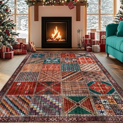 REDTAPISE Tappeti Soggiorno, Multicolore, 180 x 200 cm, Patchwork Vintage Rosso Arancione Verde Grande Tappeto Morbido per Camera da letto Sala da pranzo, lavabili antiscivolo,