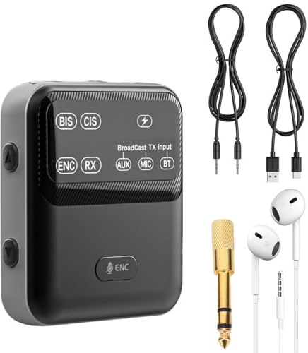 PUSOKEI Bluetooth 6.0 Transmitter Receiver, Support AUX MIC Broadcast TX Input, ENC Noise Reduction & Mute, for Classes Guided 3.5mm