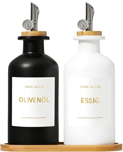 Raddile Essig und Ölflaschen Set, 2 Stück 350ml Ölflasche, Olivenöl Flasche mit 22 Aufkleber, Automatisches Öffnen und Schließen Glas Ölspender für Kochen, Salat und Grillen(Schwarz & Weiß)