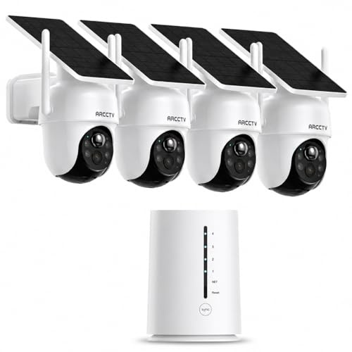 ARCCTV Q4 Solar Security Camera Outdoor Kit, CCTV Cameras Wireless System | 4Cam+1 Base, 100% Wireless, Solar Battery Powered, 2.4GHz/5GHz WiFi, 360° Pan&Tilt,4MP Colour Night Vision,PIR Detection,IP66