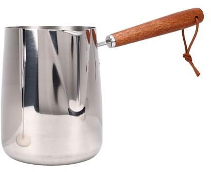 Haofy Brocca per Schiuma di Latte, Brocche per Schiuma di Latte Manico in Legno Beccuccio di Precisione caffè Arte Induzione Compatibile per Riscaldare Burro Fuso e Brocca di Cioccolato, Acciaio