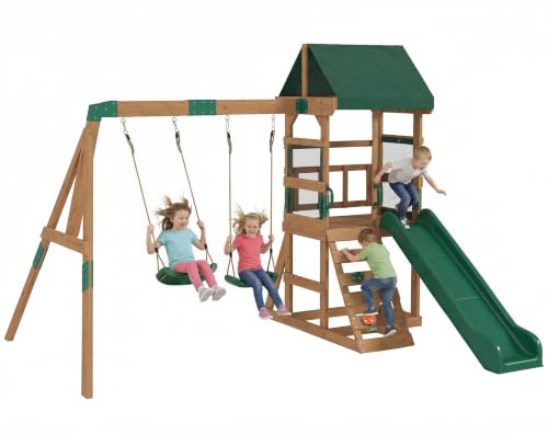 AIYAPLAY Aire de Jeux portique en Bois 2 balançoires Toboggan 3-8 Ans