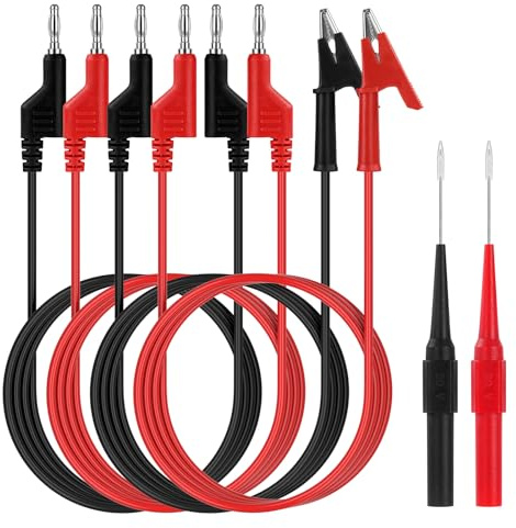 AXFEE 6 Pezzi Set di Puntali Multimetro, per Multimetro Test Elettrici | Pinze a Coccodrillo Spina, Connettore a banana impilabile da 4 mm, Sonda di Prova, - Nero + Rosso