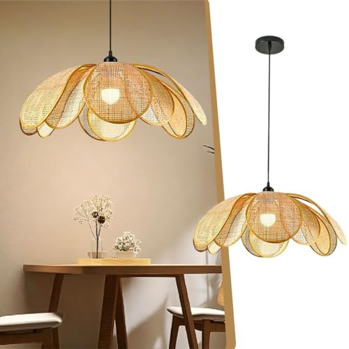 HYKISS Lampada A Sospensione A Fiore In Rattan Lampadario A Petali Intrecciato Stile Boho Lampada A Sospensione In Vimini Naturale Plafoniera Di Forma Organica Stile Wabi Sabi Per Soggiorno(60cm)