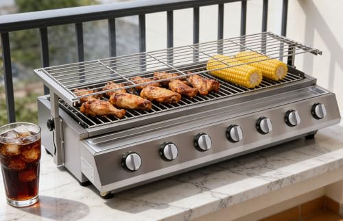 Barbecue portatile a gas GPL, professionale con bruciatori indipendenti, griglie rimovibili e altezza regolabile per cucinare in giardino