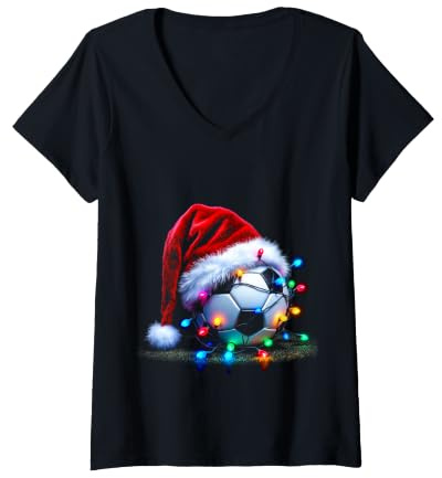 Femme Ballon de Football Festif avec Bonnet de Père Noël et lumières colorées T-Shirt avec Col en V