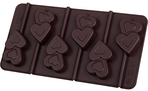 Dr. Oetker Silikon-Schokoladenform Lolli-Herzen 2er Set inkl. 12 Sticks, (Farbe: Braun) - spülmaschinengeeignet, Menge: 1 x 2er Set, 1294 20,5 x 10,8 x 1,4 cm