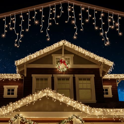 ANSIO Christmas Icicle Lights Outdoor 1500 LED 52m/171ft Lit Length Warm White LED Fairy Lights Indoor/Outdoor Garden Lights with Timer, Memory, Mains Powered 10m Lead Wire - Clear Cable