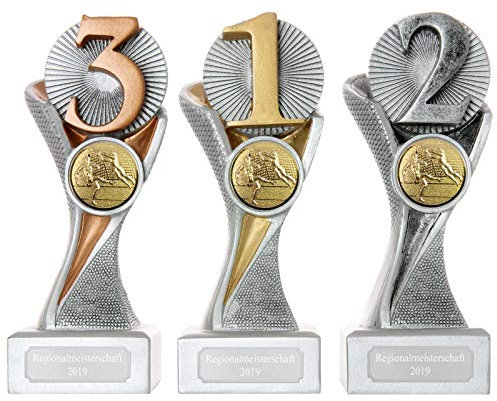 Pokal Set je 1x Zahl 1, 2, und 3 mit Gravur Serie METZ 3er Set je 1 x Gold Silber Bronze