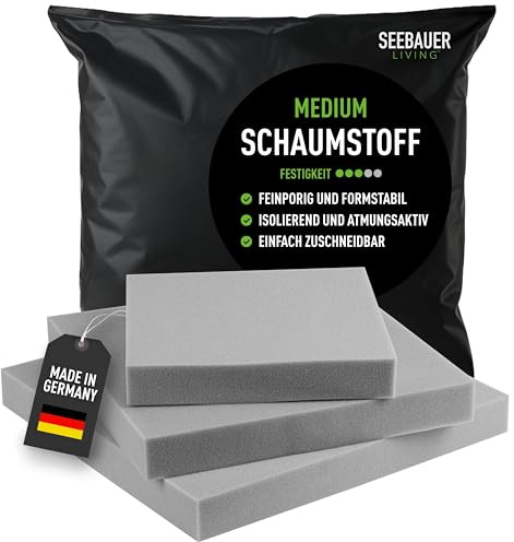 SEEBAUER Living Schaumstoff MEDIUM RG 35/40 (Mittelfest) 80 x 50 x 4 cm Schaumstoffplatte für Polster und Sitzkissen, Polsterschaumstoff als Zuschnitt für Sitzpolster