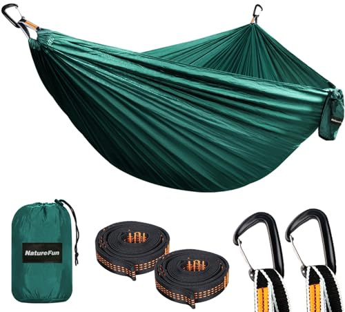 NATUREFUN Ultraleichte Reise Camping Hängematte | 300kg Tragkraft (300 x 200 cm) Atmungsaktiv, Schnelltrocknendes Fallschirm Nylon | 2 x Premium Karabiner, 2 x Nylon-Schlingen Inbegriffen | Draußen | Ultraleichte Atmungsaktiv Schnelltrocknendes Fallschirmseide Ripstop-Nylon Reise-Hängematten 2 Premium Karabiner 2 Schlingen