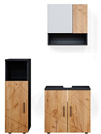 Vicco Badmöbel-Set Irma, Goldkraft Eiche/Anthrazit, 80 cm | besteht aus Waschbeckenunterschrank, Spiegelschrank und Midischrank