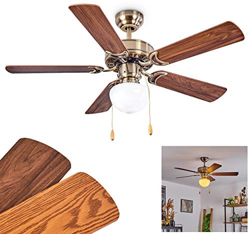 HOFSTEIN Deckenventilator Apiao, Deckenlampe aus Metall/MDF/Glas in Silber/Holzoptik/Braun/Hellbraun/Weiß, 1 x E27, mit Schnurschalter, wendbare Rotorblätter, Schwenkbar, Sommer- und Wintermodus