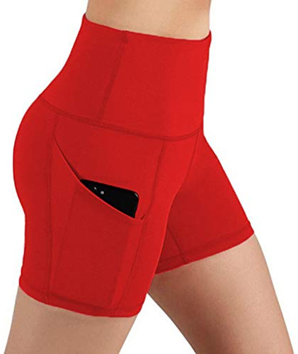Kurze Sporthose Damen Yoga Shorts Sport Leggins Sporthose Kurze Yogahose Fitness Workout Tights Hohe Taille mit Taschen Jogginghose (01 Rot, S)