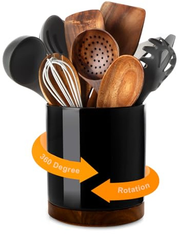 Nucookery 360° Rotating Utensil Holder, 7.2 Large Utensil Crock, White Ceramic Cooking Utensil Organizer with Countertop-Protection Cork Bottom for Farmhouse Kitchen Decor Gift (Black)