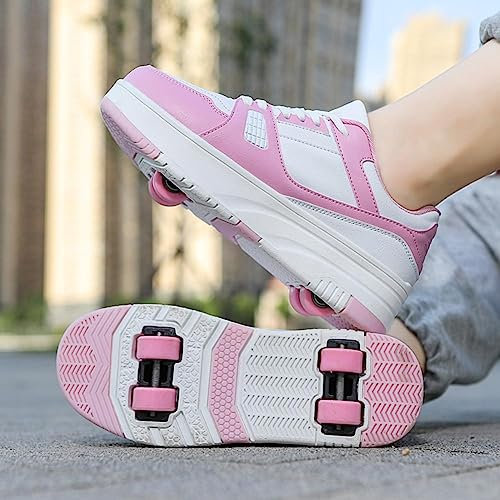 XRDSHY Sportschuhe Skateboard Outdoor Gymnastik Turnschuhe Jungen Mädchen Freizeitschuh Schuhe Mit Rollen Drucktaste Einstellbare Skateboardschuhe Für Kinder Mädchen Junge Erwachsene,Pink-31 EU