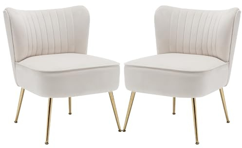 ABET Accent Chairs Set of 2, Velvet Armless Living Room Chairs with Tufted Wingback Thicken Cushion Gold Metal Legs, Comfy Upholstered Side Chairs Slipper Chairs Club Chairs for Bedroom, Beige