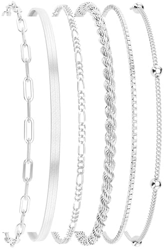 DEARMAY Dainty Silver Plated Bracelets for Women Trendy, Silver Jewelry Set Paperclip Box Herringbone Figaro Rope Chain Bracelet for Women Fashion Pack Gifts