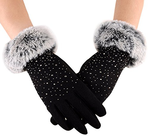 Generisch Latex Suit Women's Gloves Warm Fashion Winter Women's Gloves Black with Glitter, black, One Size