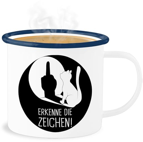 Emaille Becher Blechbecher - Tassen - Erkenne die Zeichen Katze - Winkelkatze Mittelfinger Stinkefinger Katzen - 300 ml - Weiß Blau - geburtstagsgeschenk für katzenliebhaber katzenmotiv
